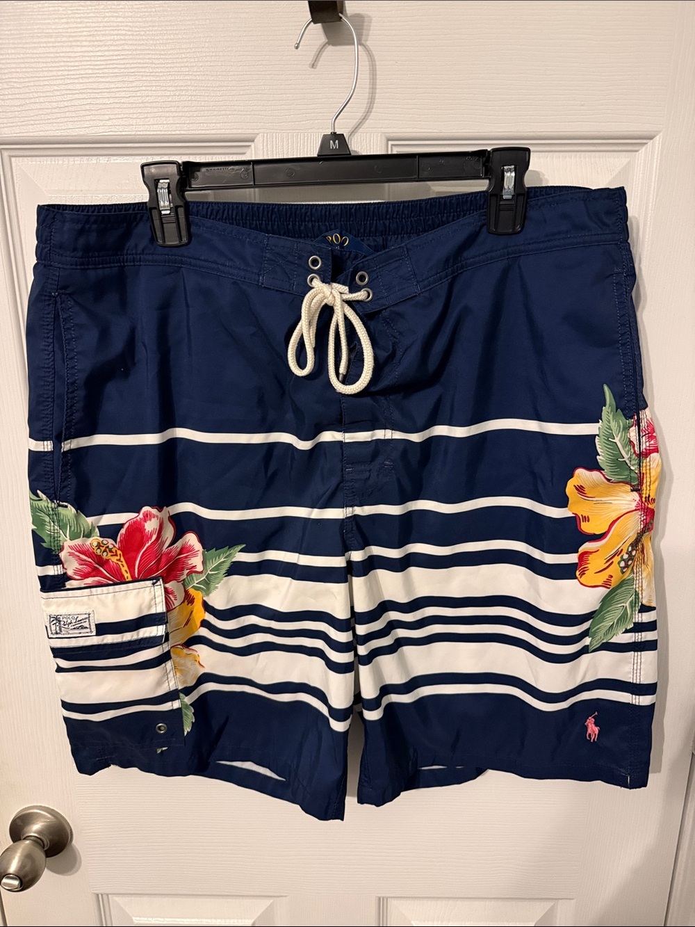 Ralph Lauren Navy Blue Striped Floral Swim Trunks